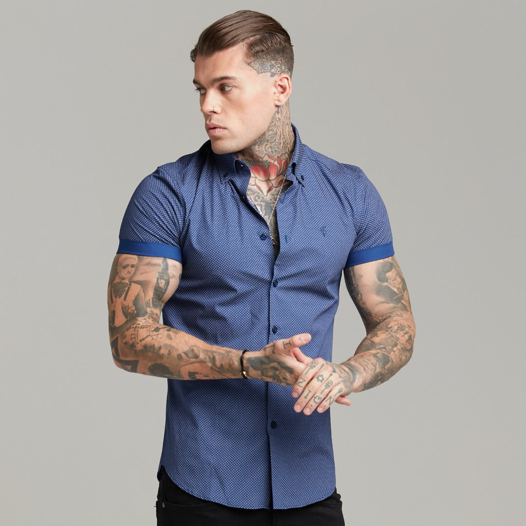 Classic Navy Print Short Sleeve Button Down - FS607