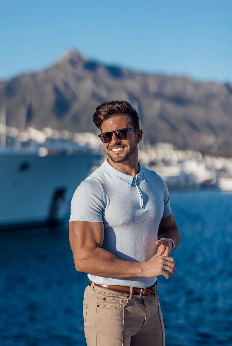 Father Sons Classic Powder Blue Merino Wool Knitted Zip Polo Short Sleeve Sweater With FS Embroidery- FSN031