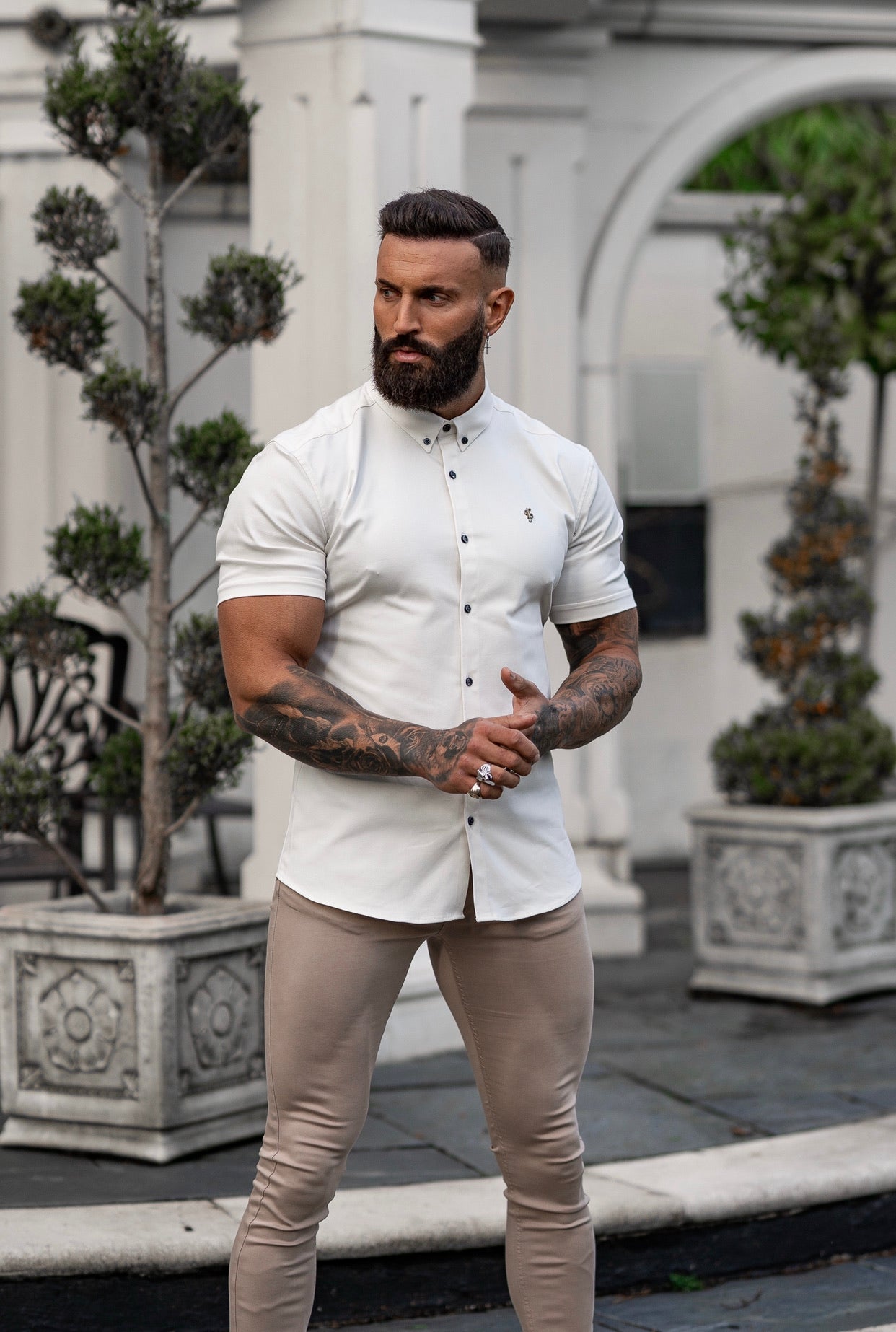 Super Slim Stretch Cream Denim Short Sleeve with Metal Decal Emblem - FS645