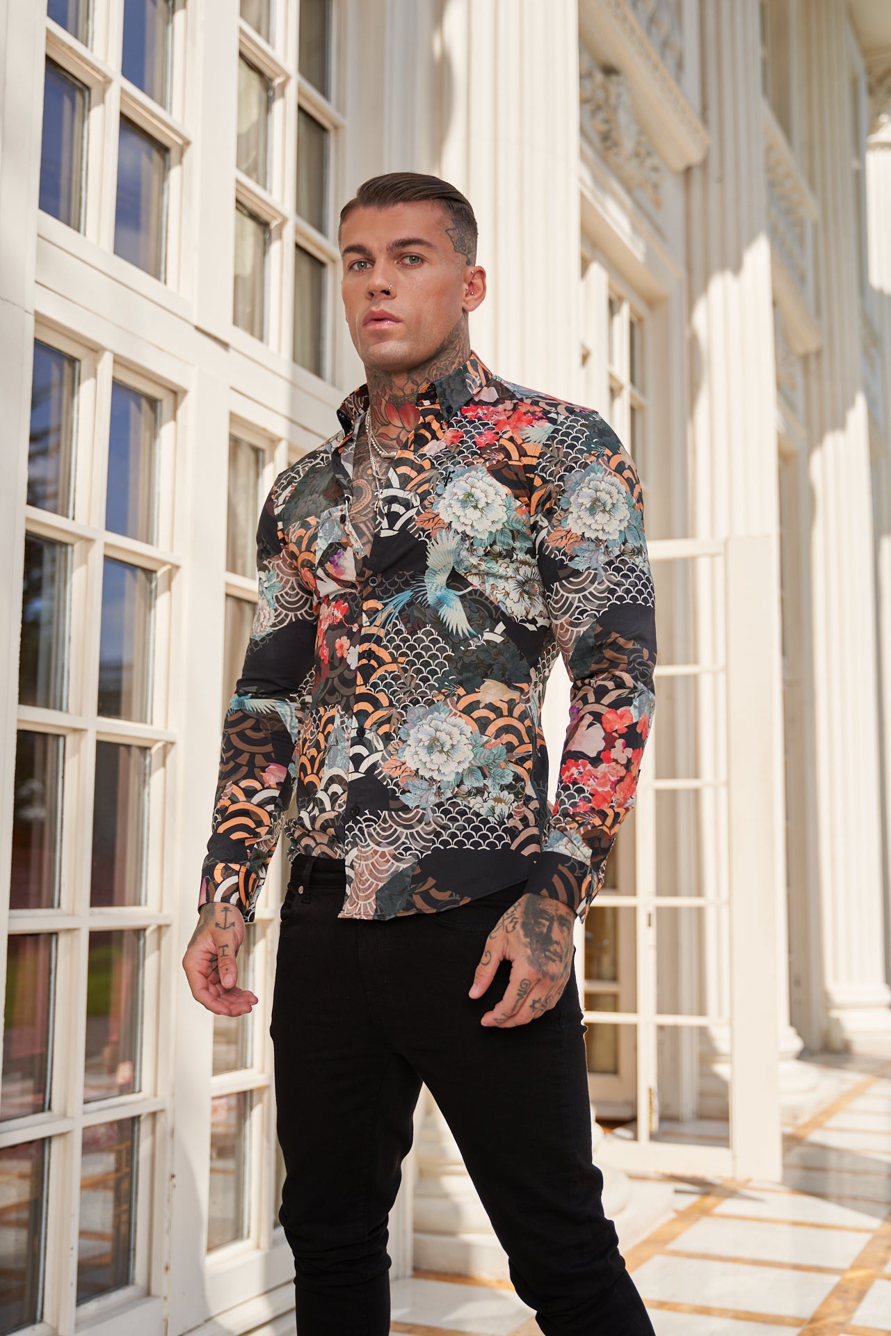 Super Slim Stretch Multi Oriental Print Long Sleeve with Button Down Collar - FS771