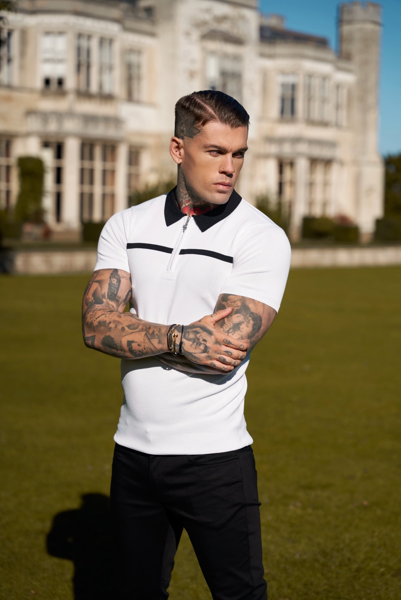 Classic White / Black Horizontal Stripe Zipped Polo Short Sleeve - FSN043