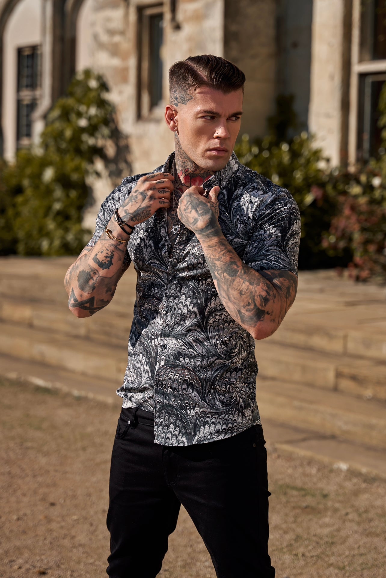 Super Slim Stretch Grey / Black Peacock Print Short Sleeve with Button Down Collar - FS913