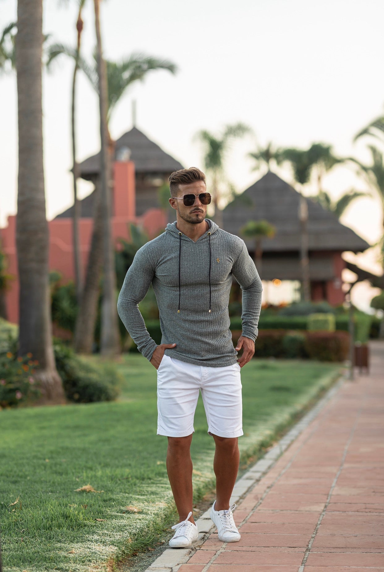 Classic Pale Sage Green / Gold Ribbed Knit Hoodie Jumper - FSH510