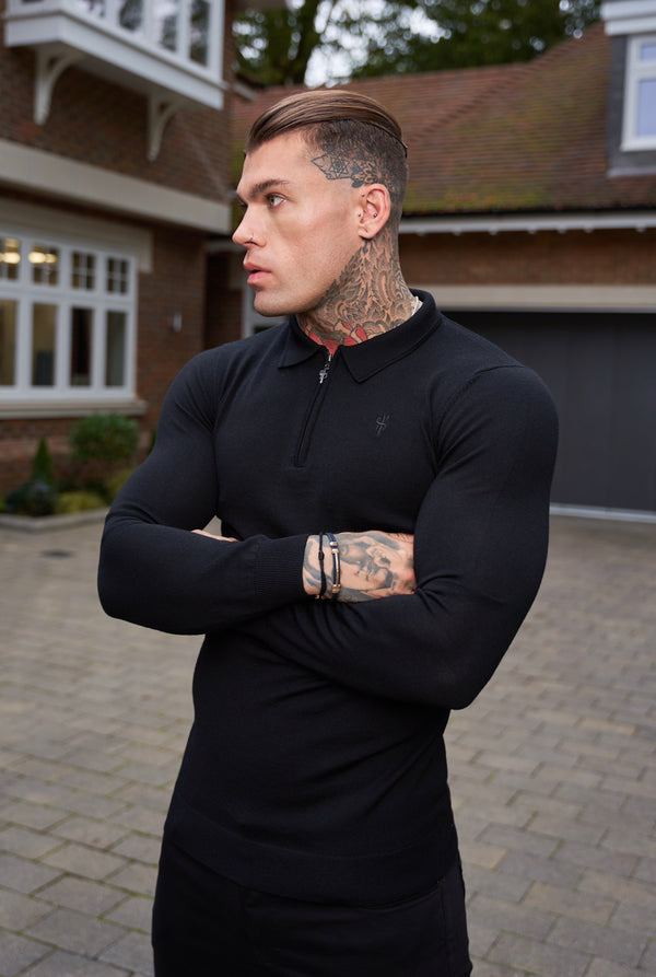 Father Sons Classic Black Merino Wool Knitted Zip Polo Long Sleeve Sweater With FS Embroidery- FSN010