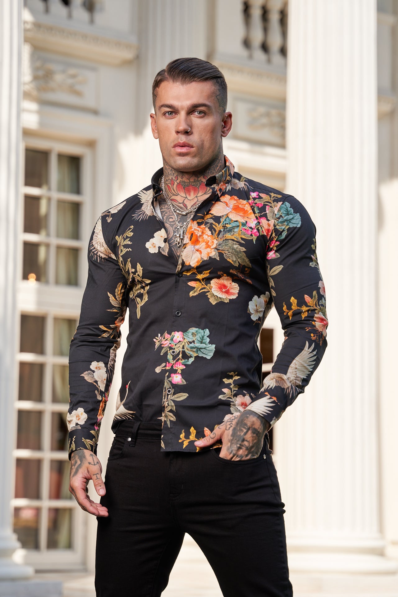 Super Slim Stretch Black Crane Print Long Sleeve with Button Down Collar - FS772