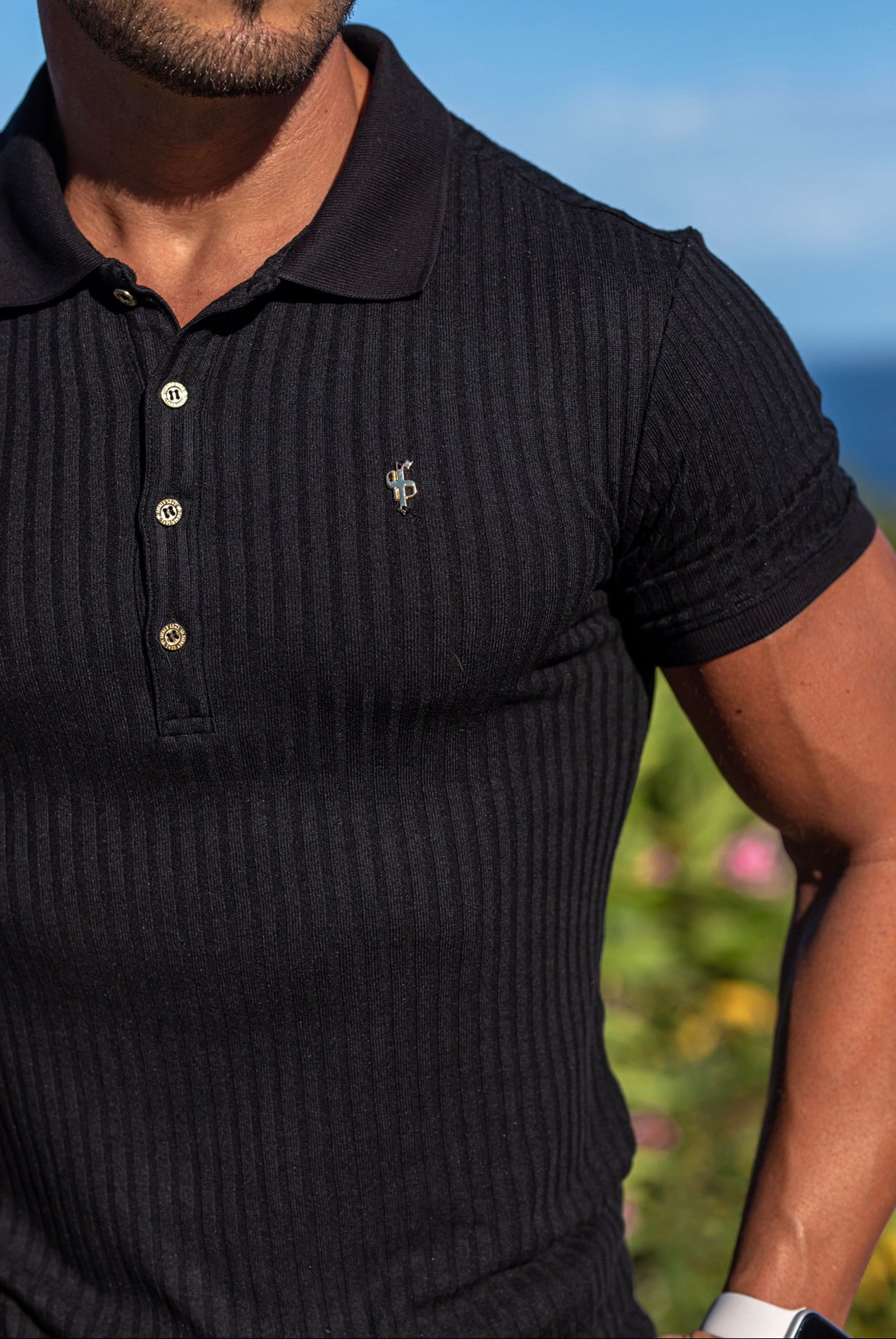Classic Black Ribbed Polo Shirt with Gold Metal Emblem Decal & Buttons - FSH495