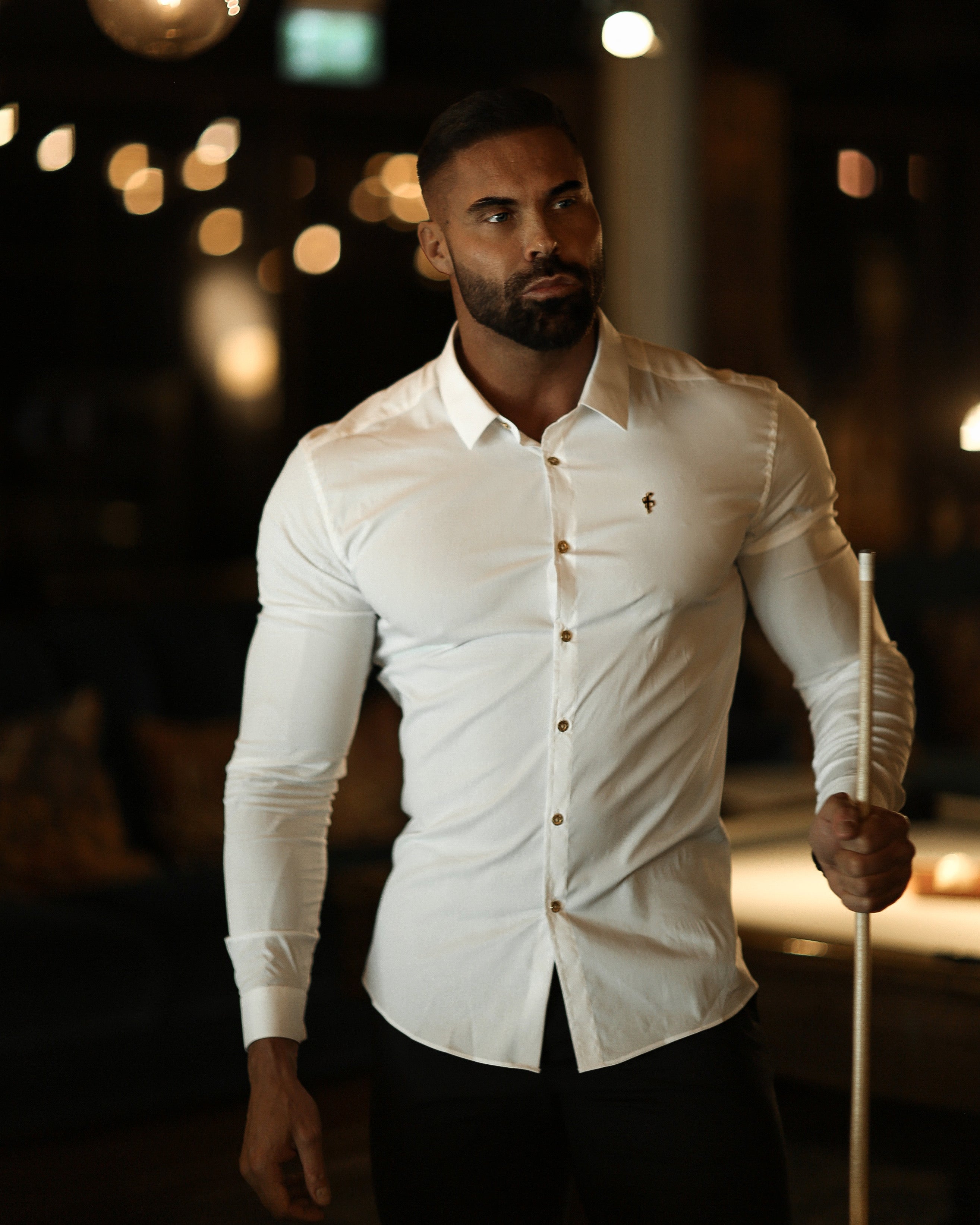 Super Slim Stretch White Denim Long Sleeve with Gold Metal Decal and Buttons - FS925