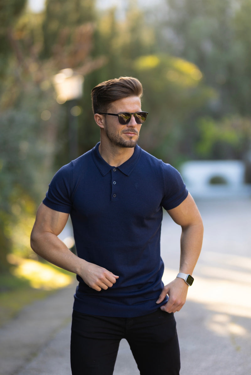Father Sons Classic Navy Merino Wool Knitted Polo Sweater Short Sleeve With FS Embroidery- FSN026