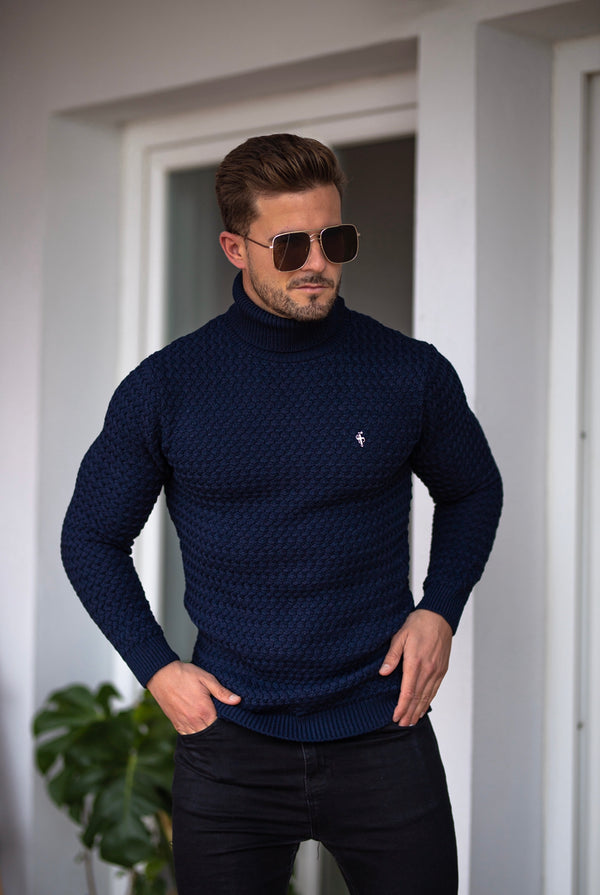 Father Sons Navy Knitted Roll Neck Weave Super Slim Sweater With Metal Decal - FSJ025