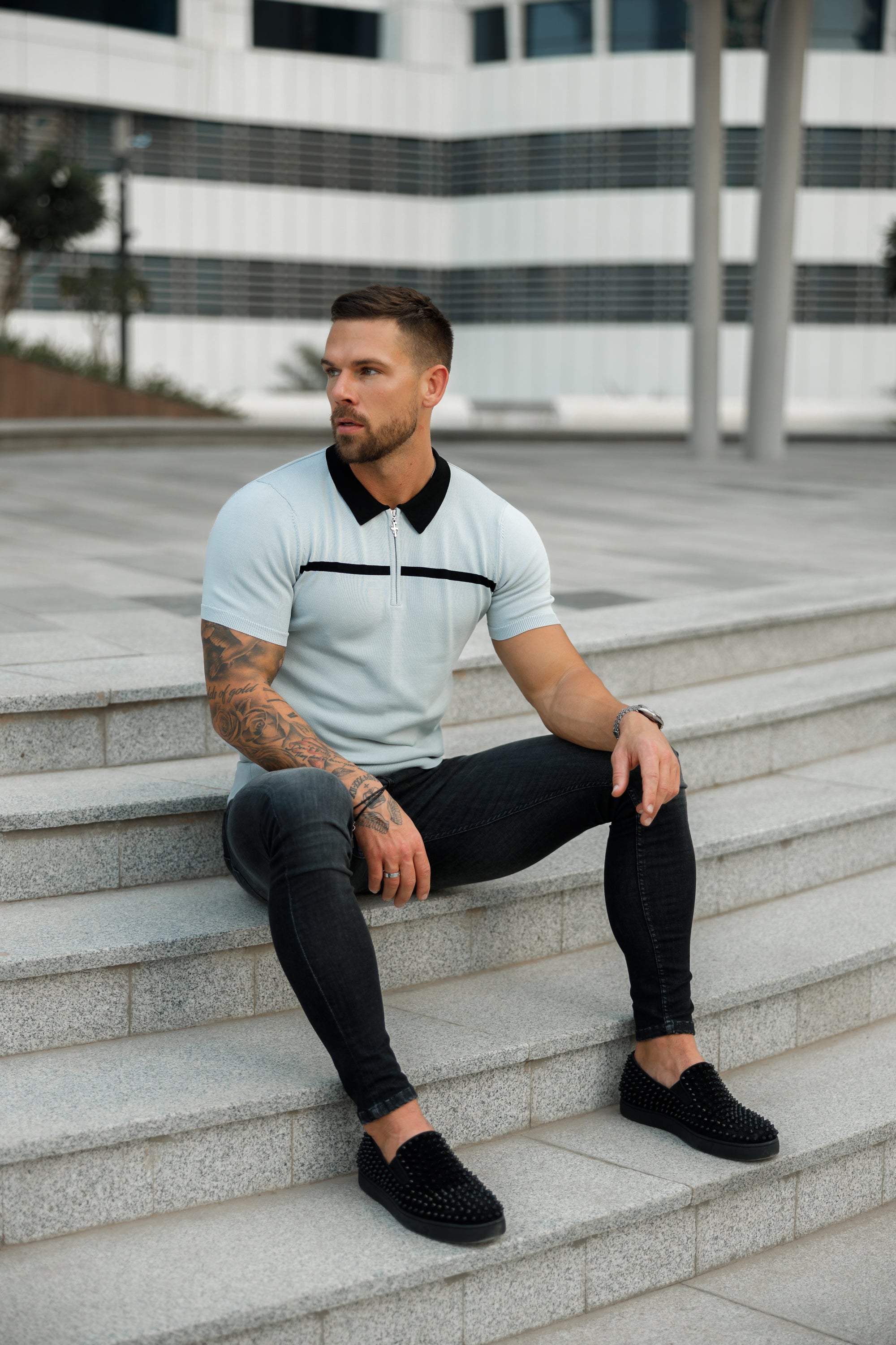 Classic Silver Grey / Black Horizontal Stripe Zipped Polo Short Sleeve - FSN040