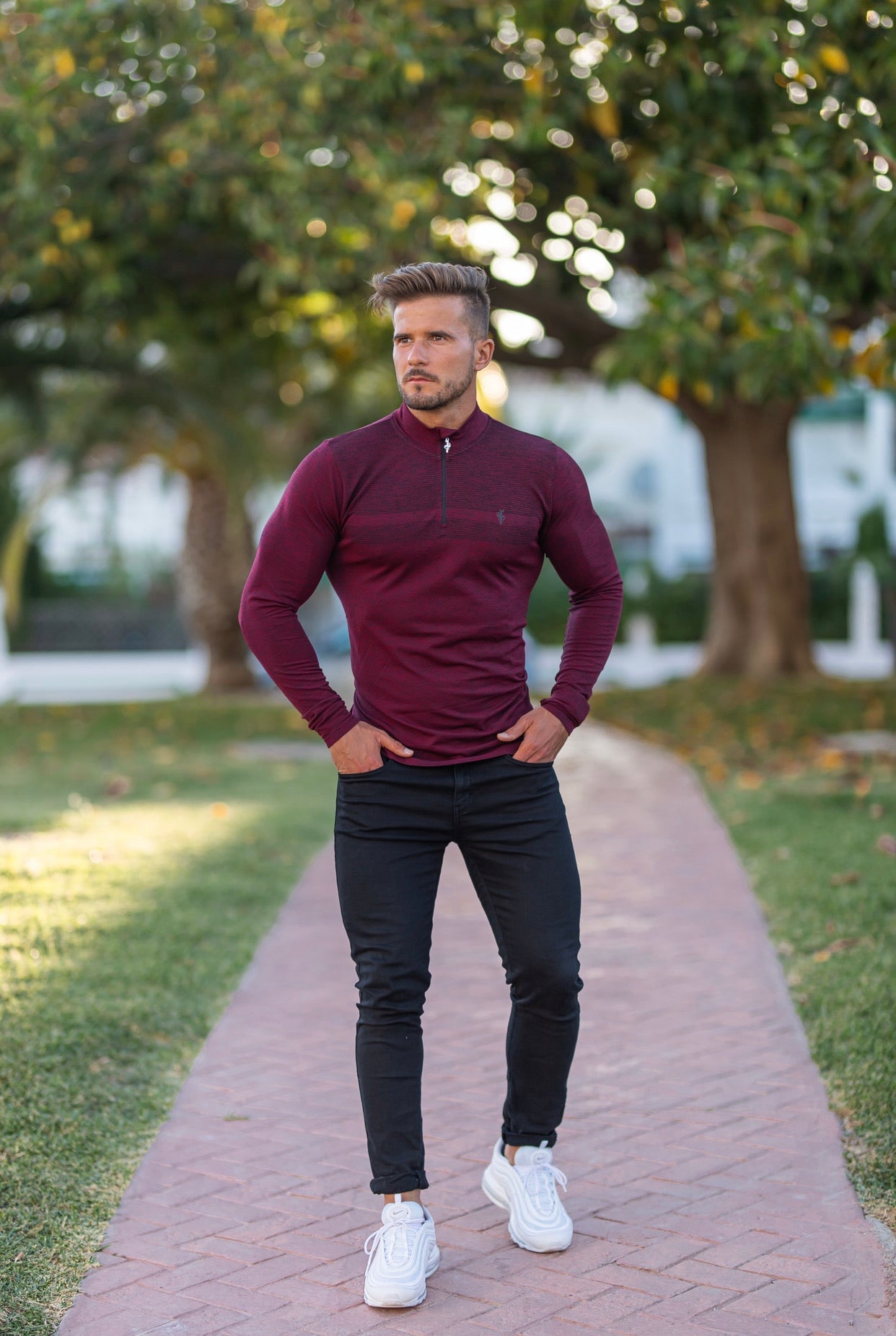 Long sleeve Burgundy / Black half zip gym top - FSM030