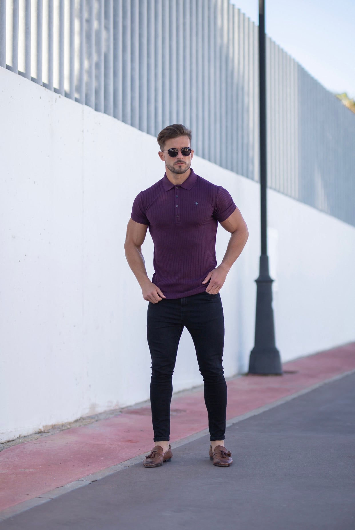 Classic Plum Ribbed Polo Shirt Short Sleeve with Black Metal Emblem Decal & Buttons- FSH585