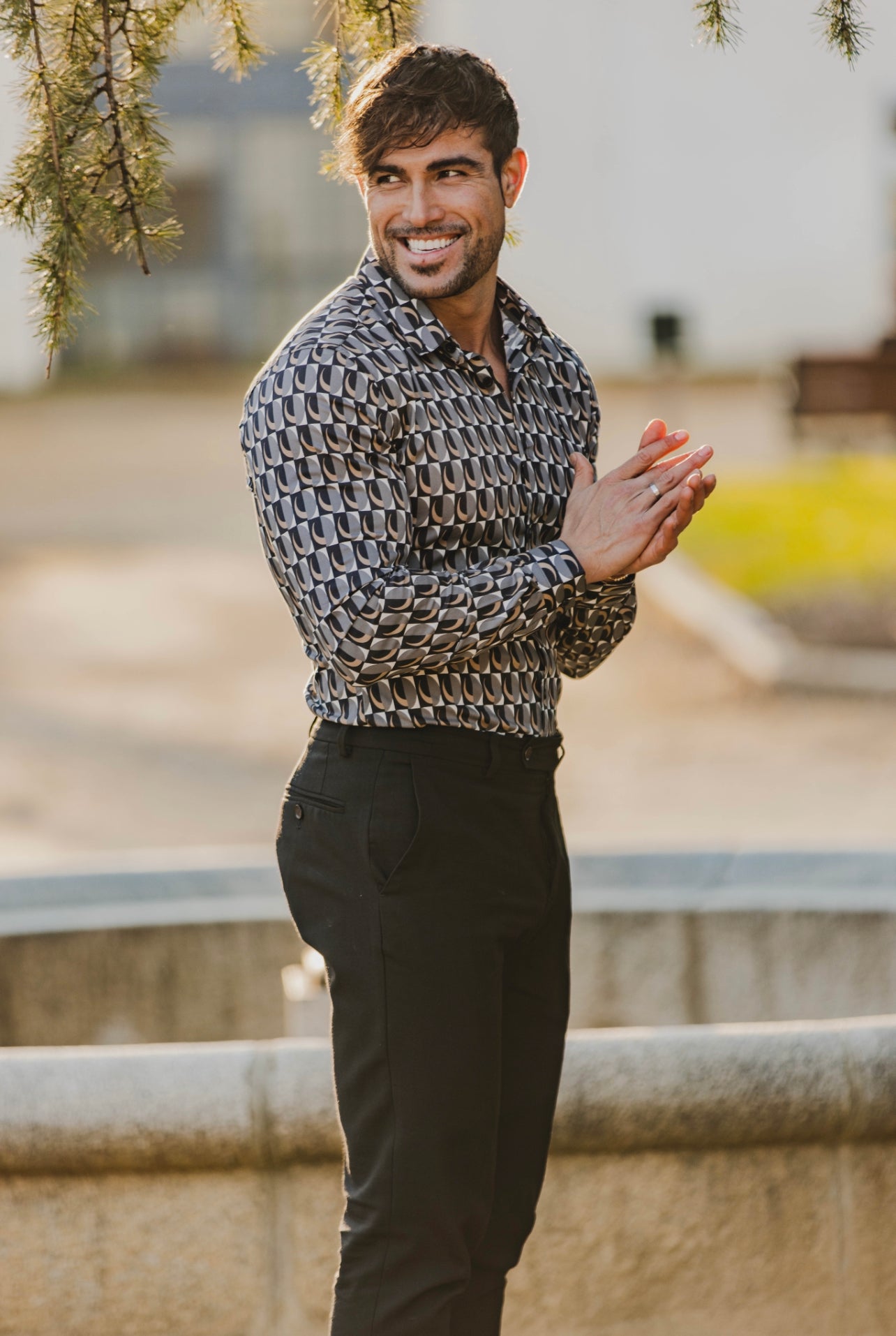 Super Slim Stretch Black Multi Retro Print Long Sleeve with Button Down Collar - FS910