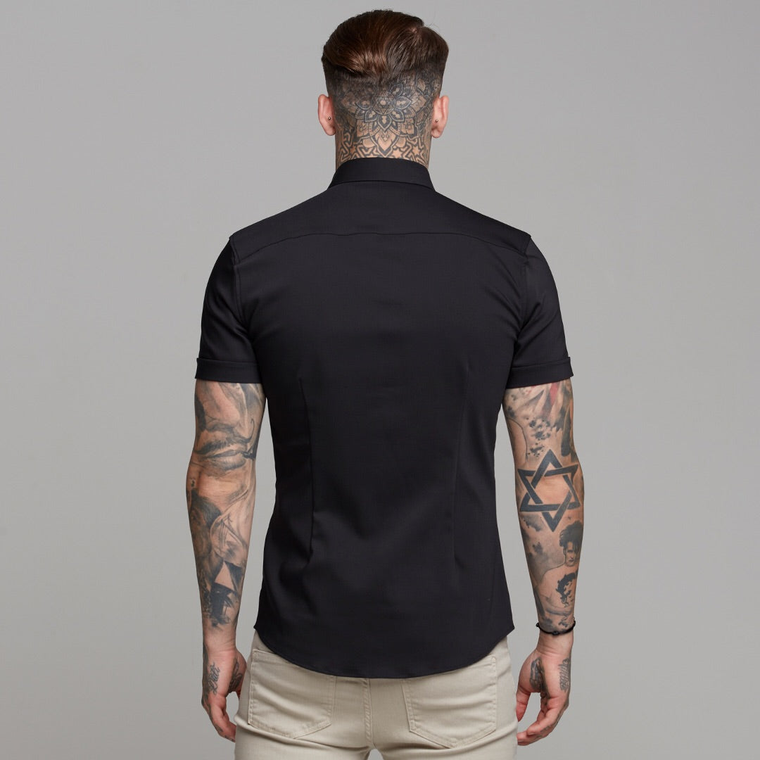 Super Slim Ultra Stretch Classic Black Short Sleeve (Khaki Embroidery) -  FS481
