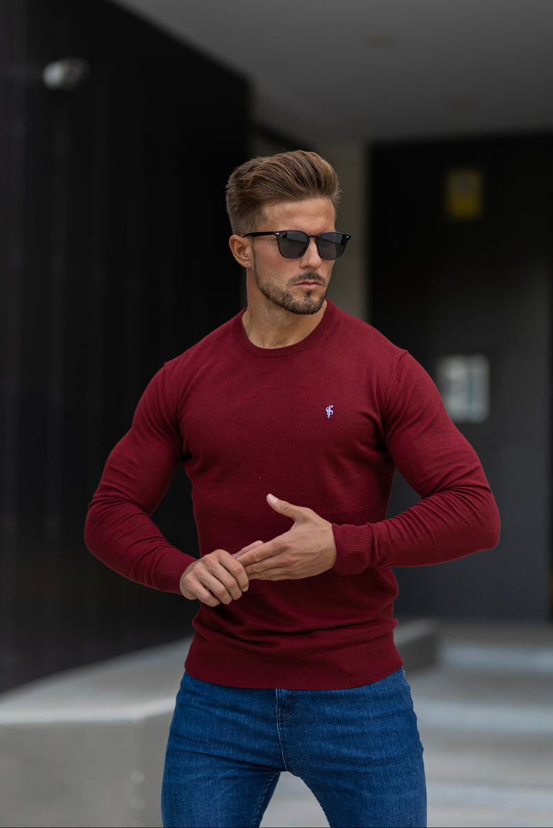 Father Sons Classic Burgundy Light Weight Knitted Crew Neck Sweater with Metal Decal - FSN097