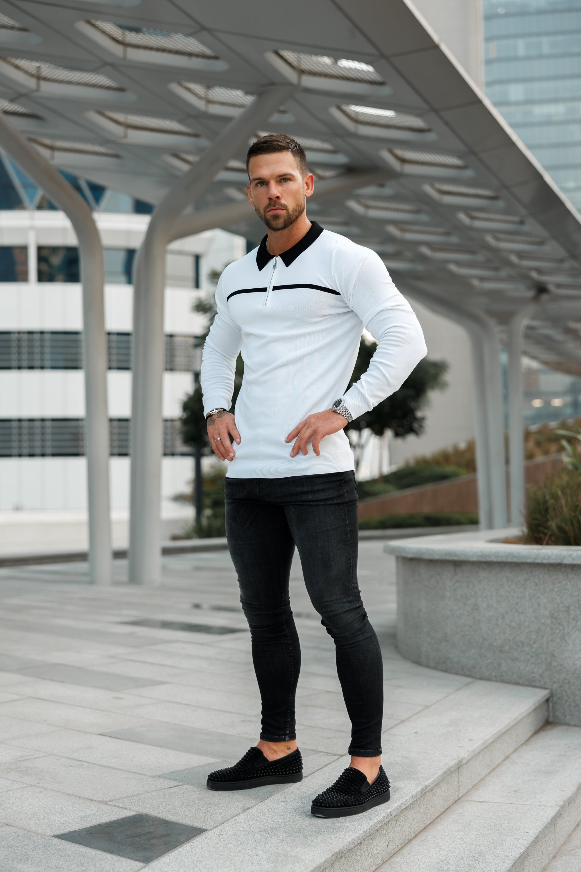 Classic White / Black Horizontal Stripe Zipped Polo Long Sleeve - FSN050