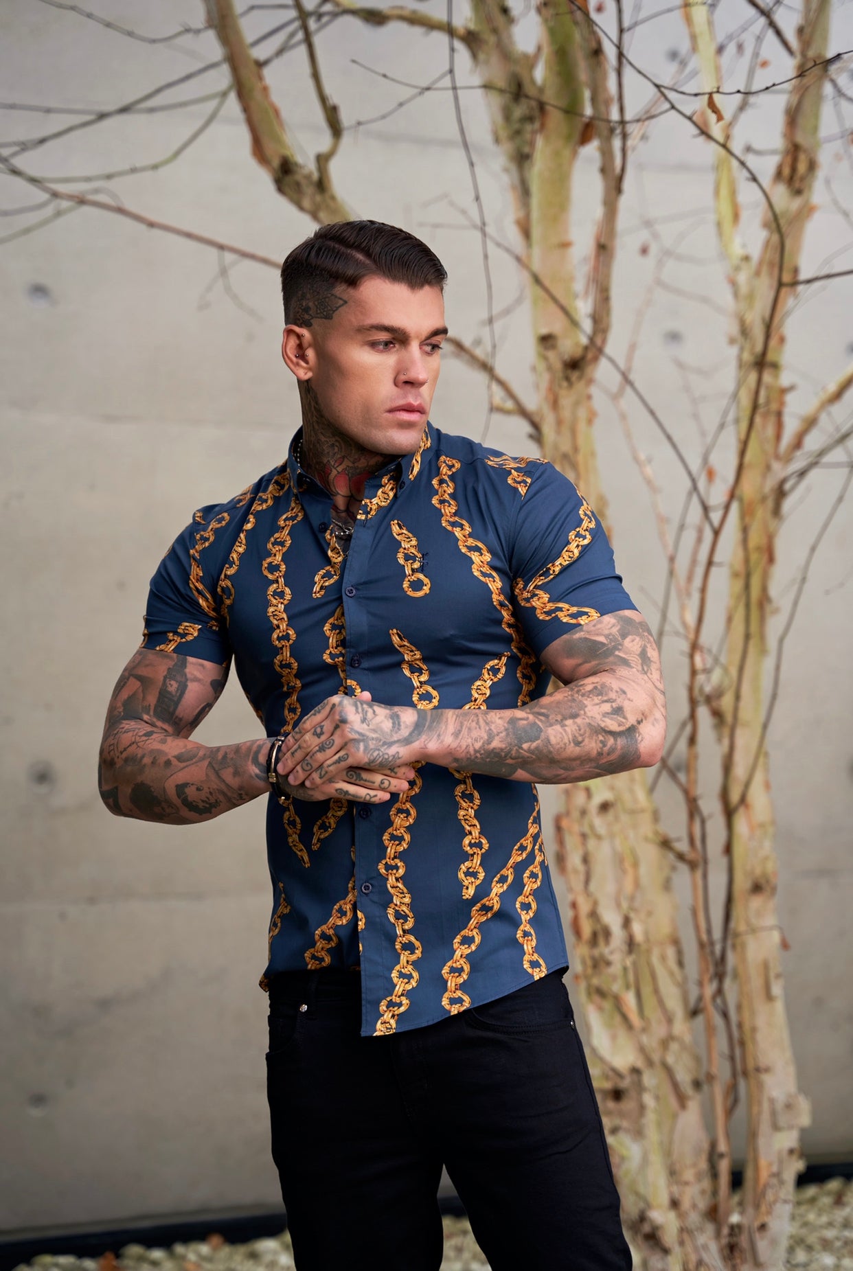 Super Slim Stretch Airforce Blue / Gold Chain Print Short Sleeve with Button Down Collar - FS860