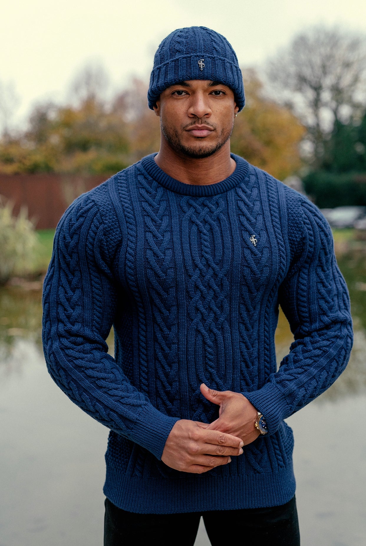 Father Sons Royal Blue Twisted Braid Weave Super Slim Sweater With Gunmetal Decal - FSJ042