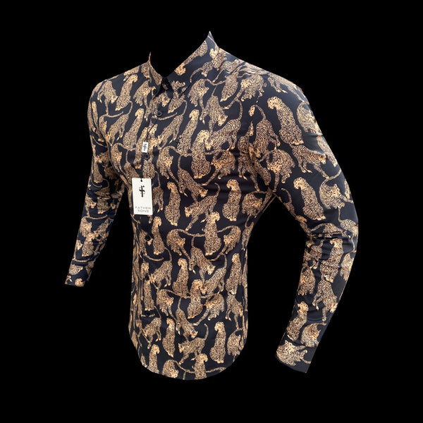 Father Sons Super Slim Stretch Black / Tan Cheetah Print Long Sleeve with Button Down Collar - FS795
