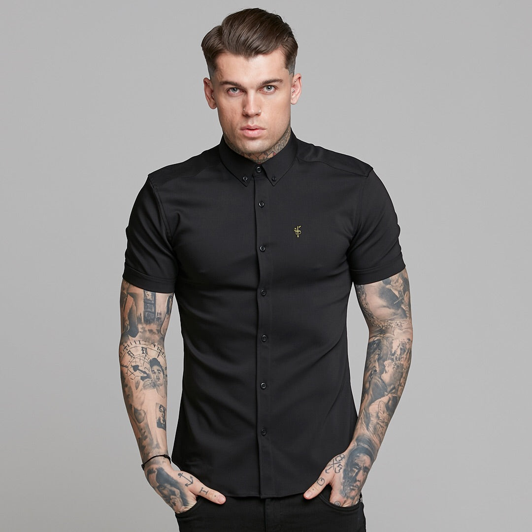 Super Slim Ultra Stretch Classic Black Short Sleeve (Khaki Embroidery) -  FS481