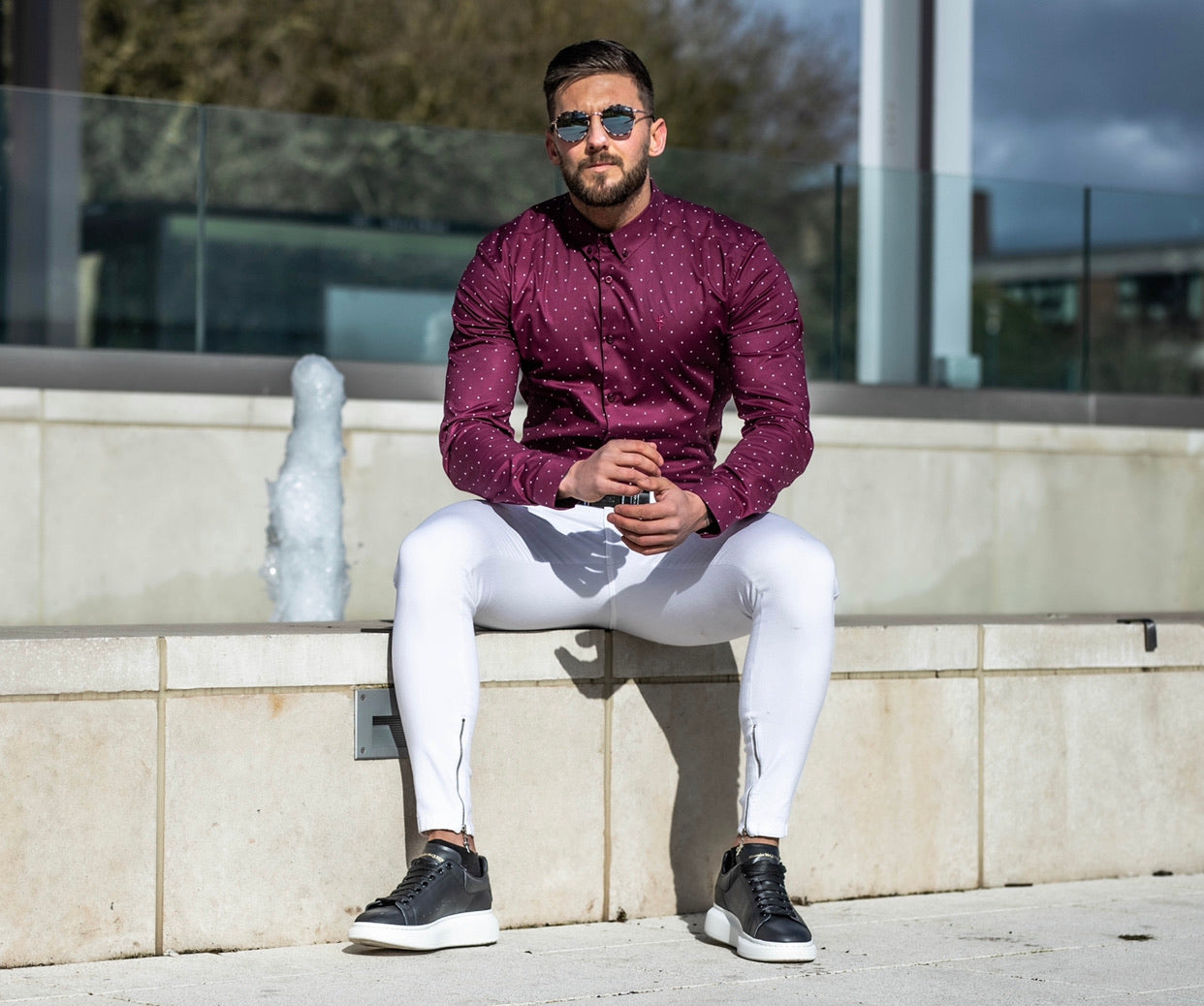Super Slim Stretch Burgundy & White Circular Print Long Sleeve - FS664