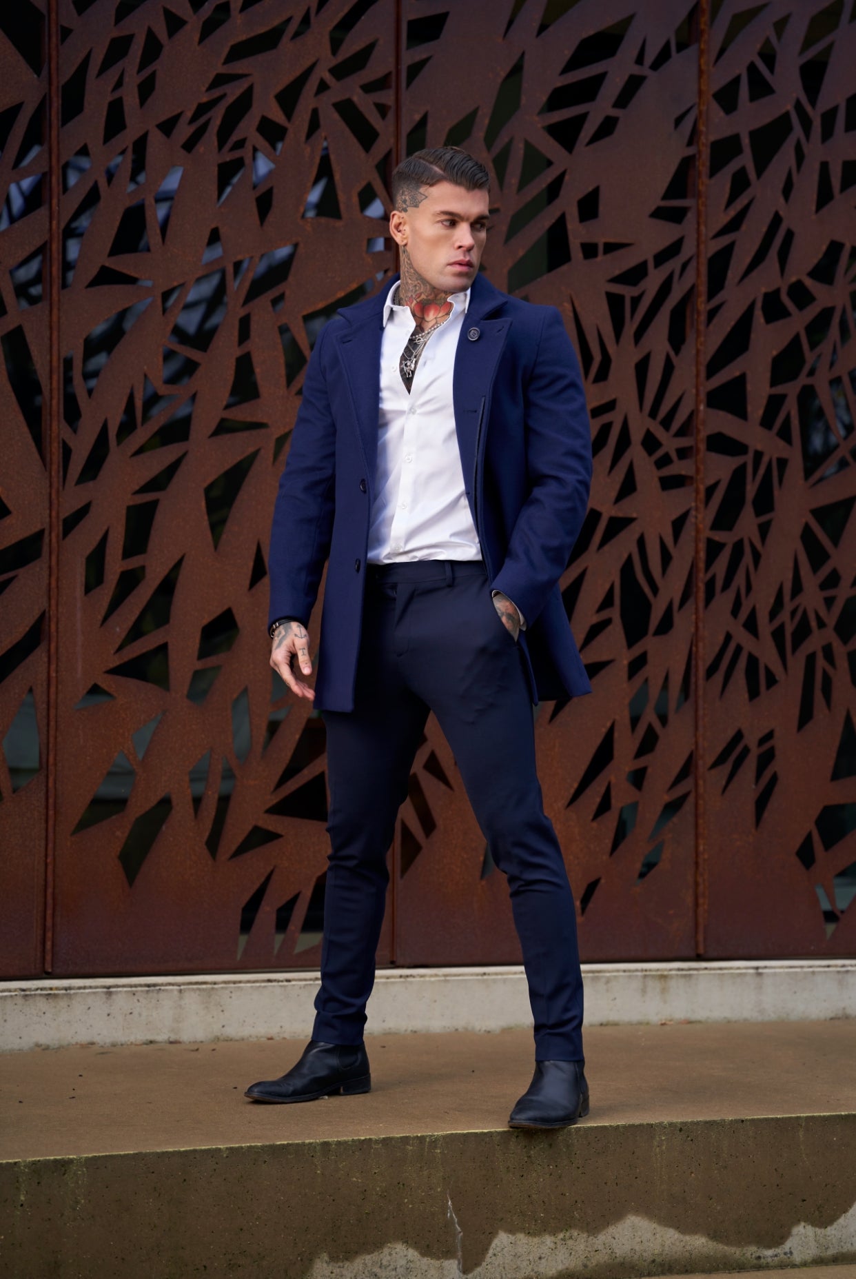 Slim Cashmere Funnel Neck Coat Navy - FSCOAT003