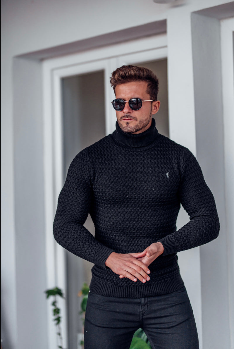 Father Sons Black Knitted Roll Neck Weave Super Slim Sweater With Metal Decal - FSJ024