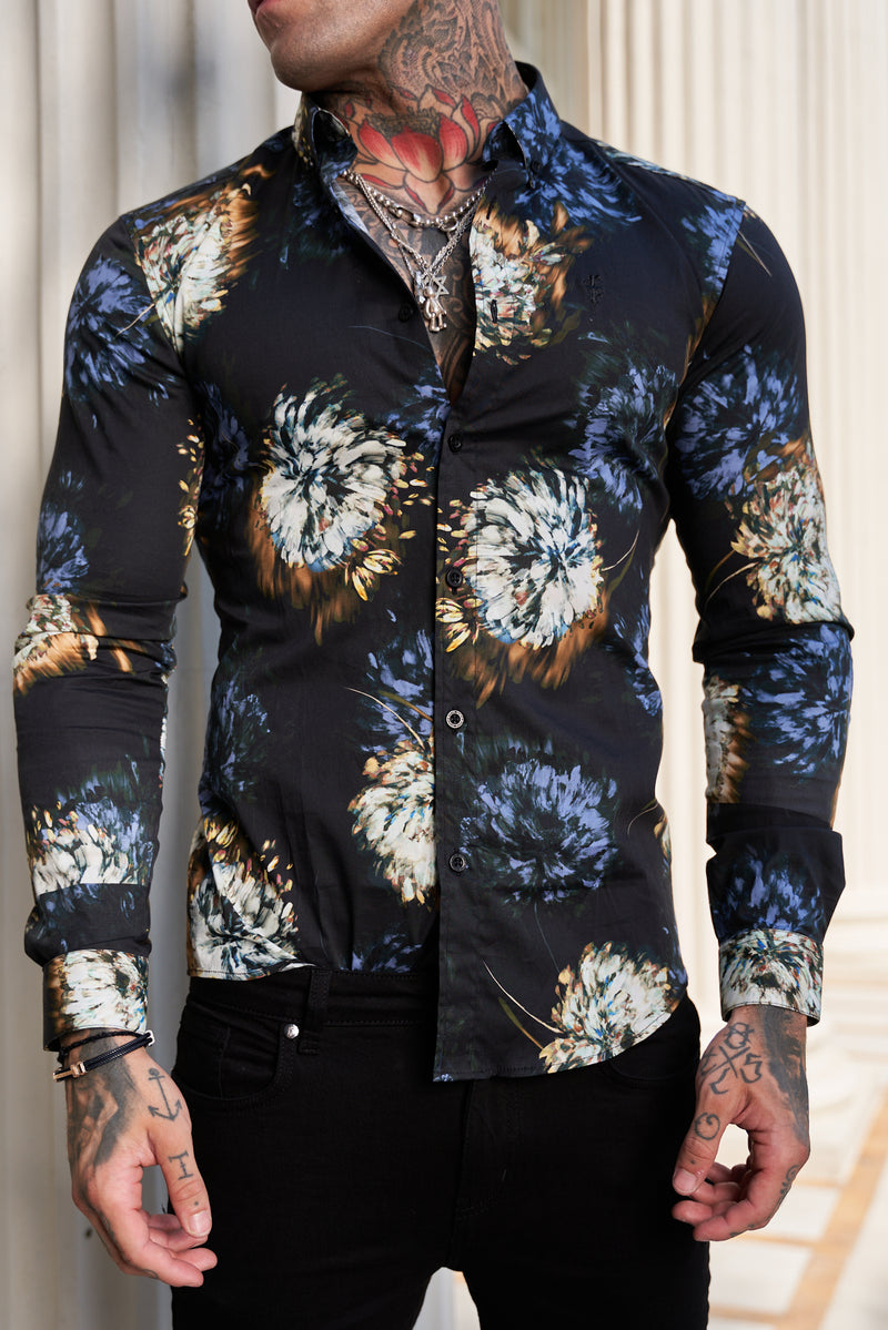 Father Sons Super Slim Stretch Black Base Blurred Flower Print Long Sleeve with Button Down Collar - FS800