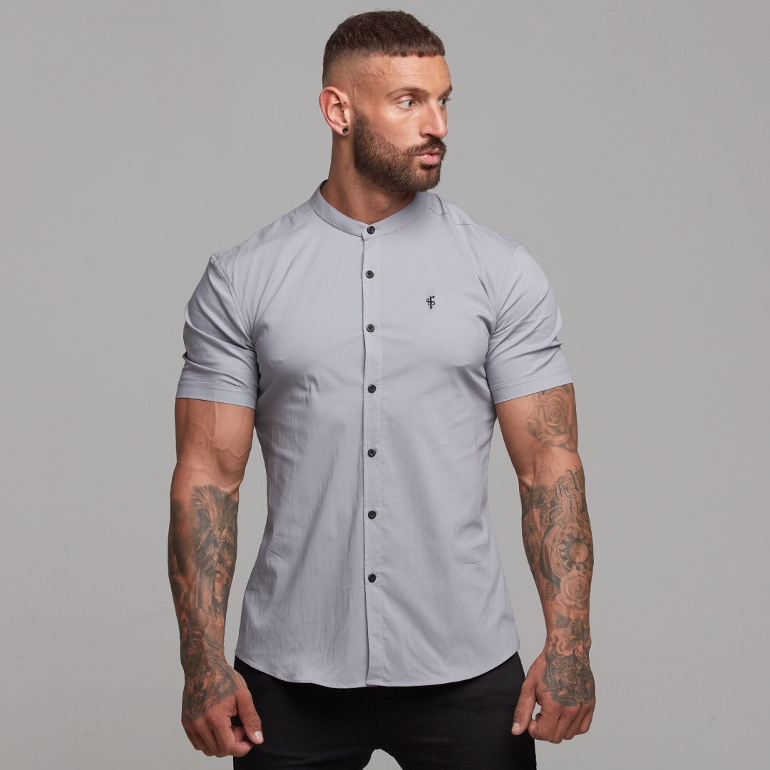 Super Slim Stretch Classic Silver Grey Grandad Collar Short Sleeve - FS288