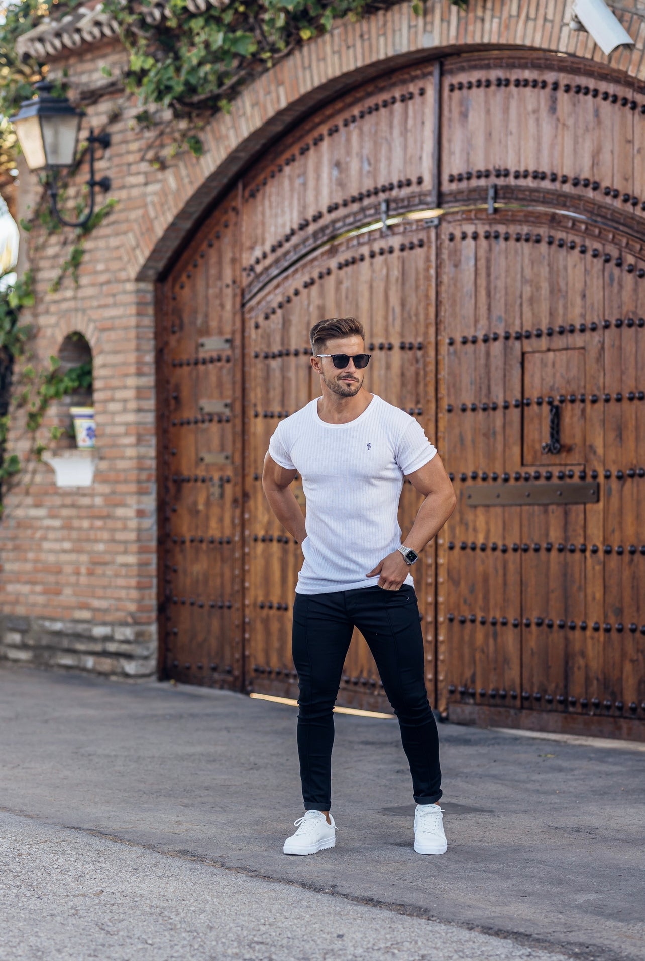 Classic White / Black Ribbed Knit Super Slim Short Sleeve Crew - FSH765