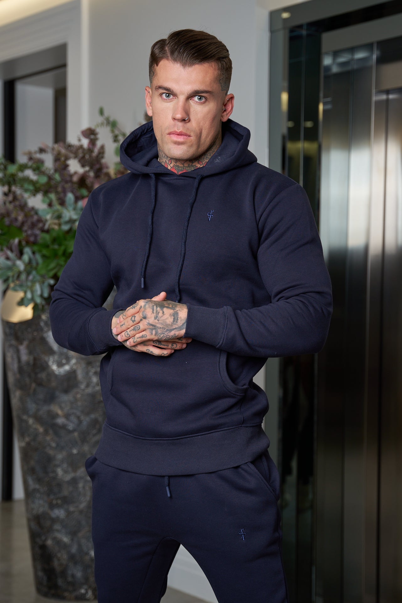 Beige Kangaroo Hoodie Top with FS Embroidery