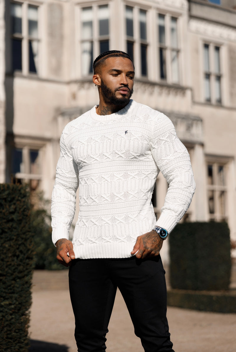 Father Sons Off White Knitted Cable Link Crew Super Slim Sweater With Metal Decal - FSN070