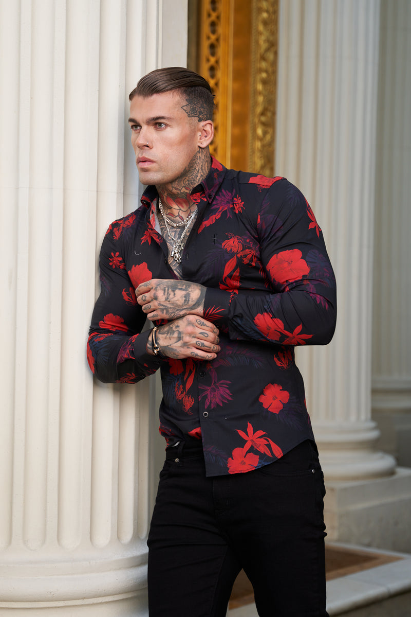 Father Sons Super Slim Stretch Black and Red Floral Print Long Sleeve with Button Down Collar - FS770