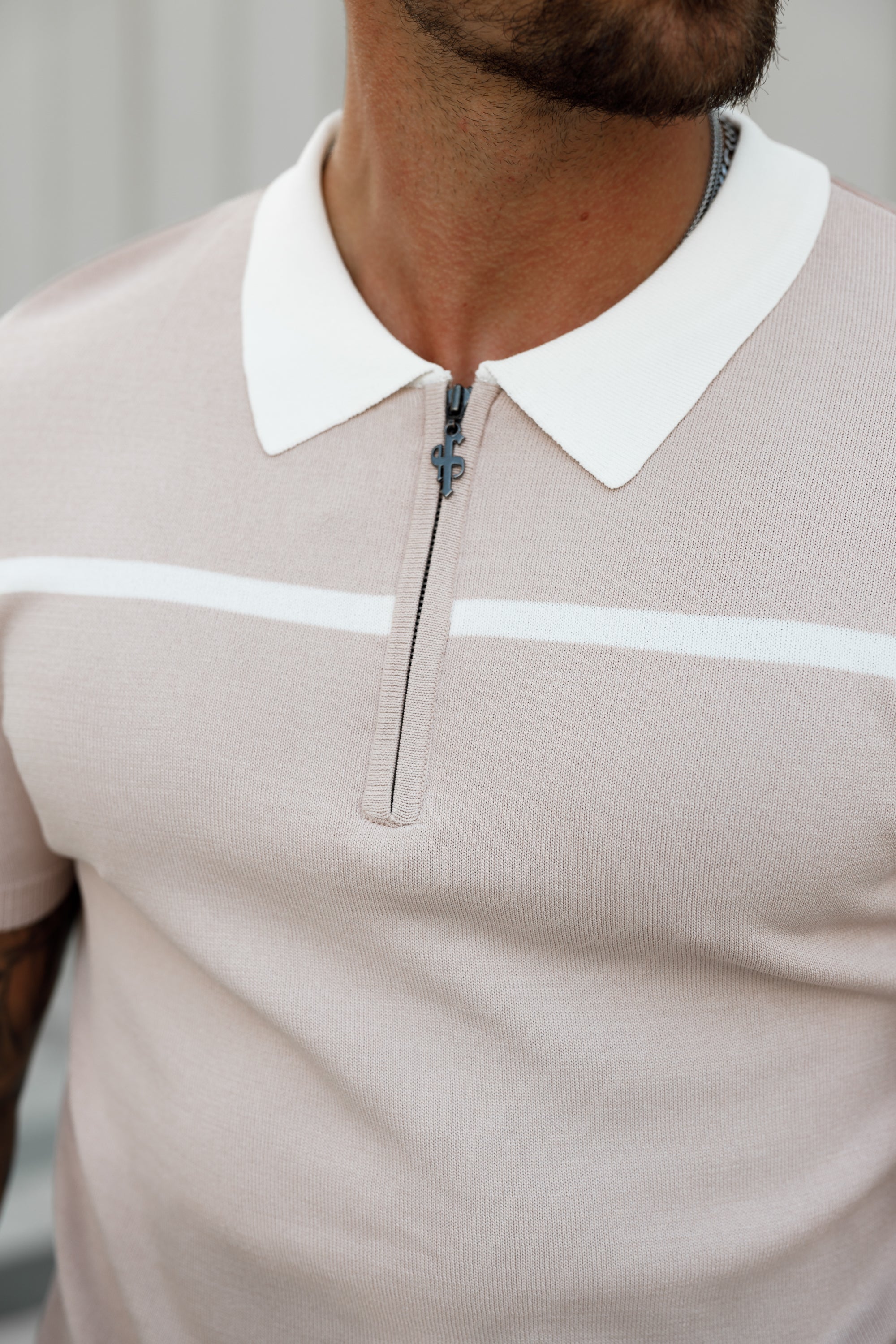 Classic Beige / White Horizontal Stripe Zipped Polo Short Sleeve - FSN041