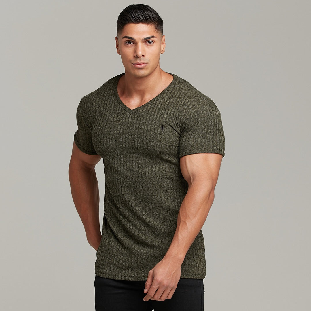 Classic Khaki V Neck Ribbed Crew - FSH390