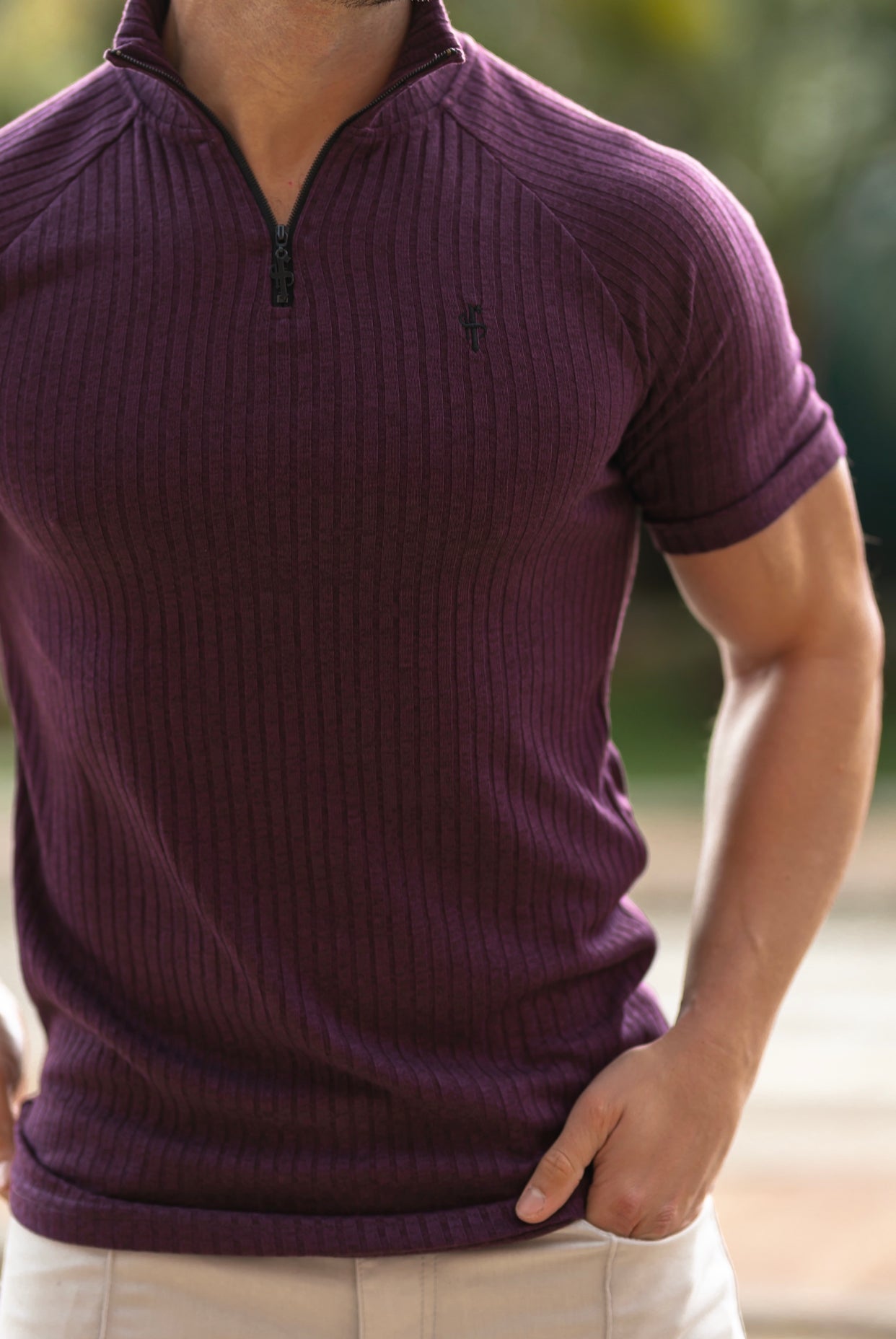 Classic Plum Ribbed Zip Funnel Neck Raglan Short Sleeve Crew - FSH732