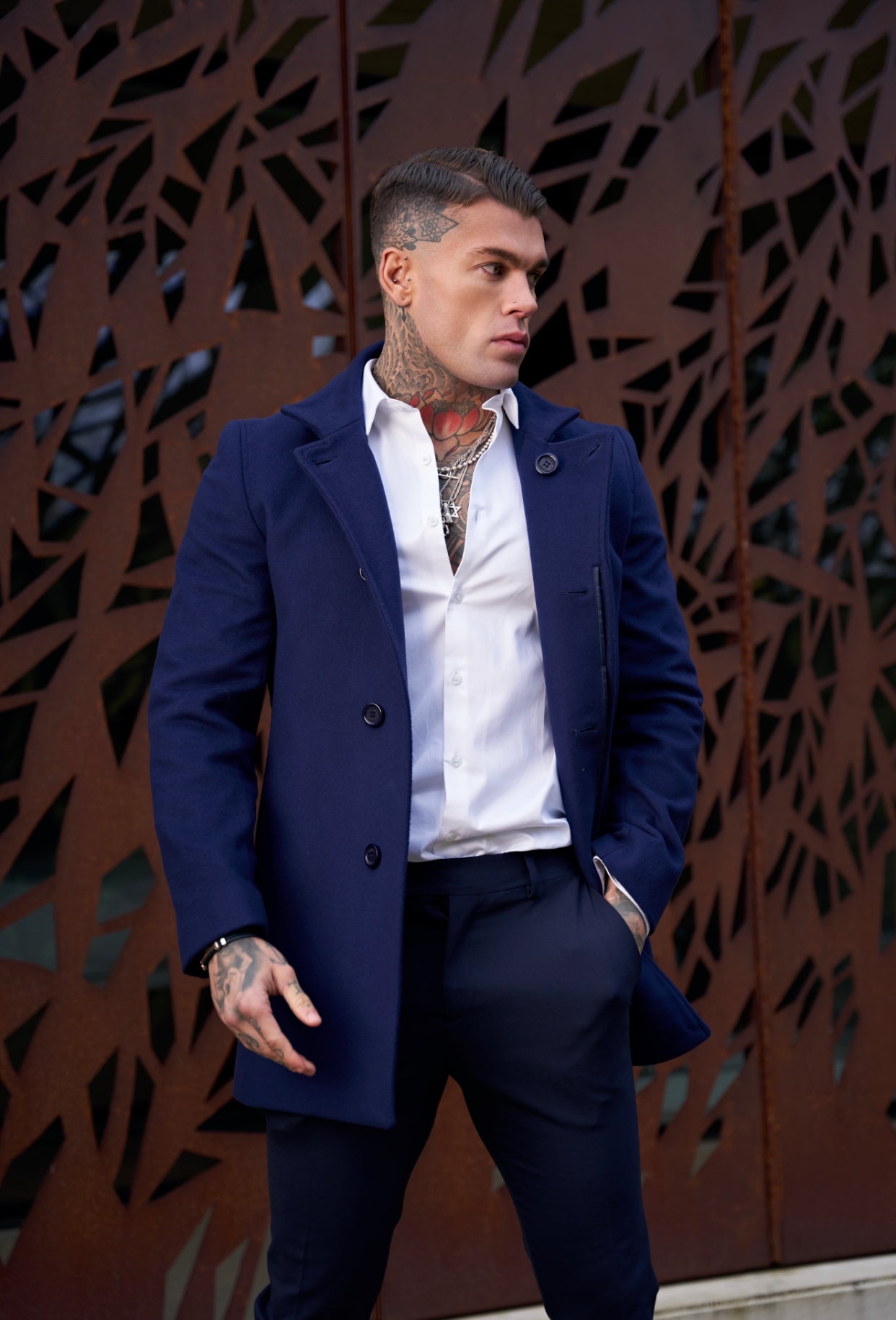 Slim Cashmere Funnel Neck Coat Navy - FSCOAT003