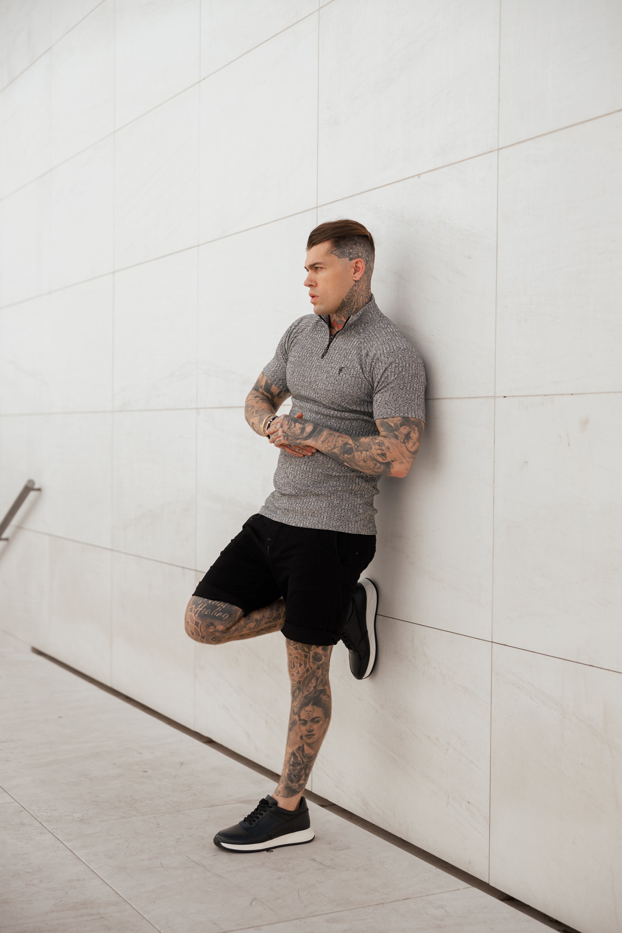 Classic Grey Ribbed Zip Funnel Neck Raglan Short Sleeve Crew - FSH730