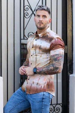 Father Sons Super Slim Stretch Neutral Tie Dye Print Short Sleeve with Button Down Collar - FS813