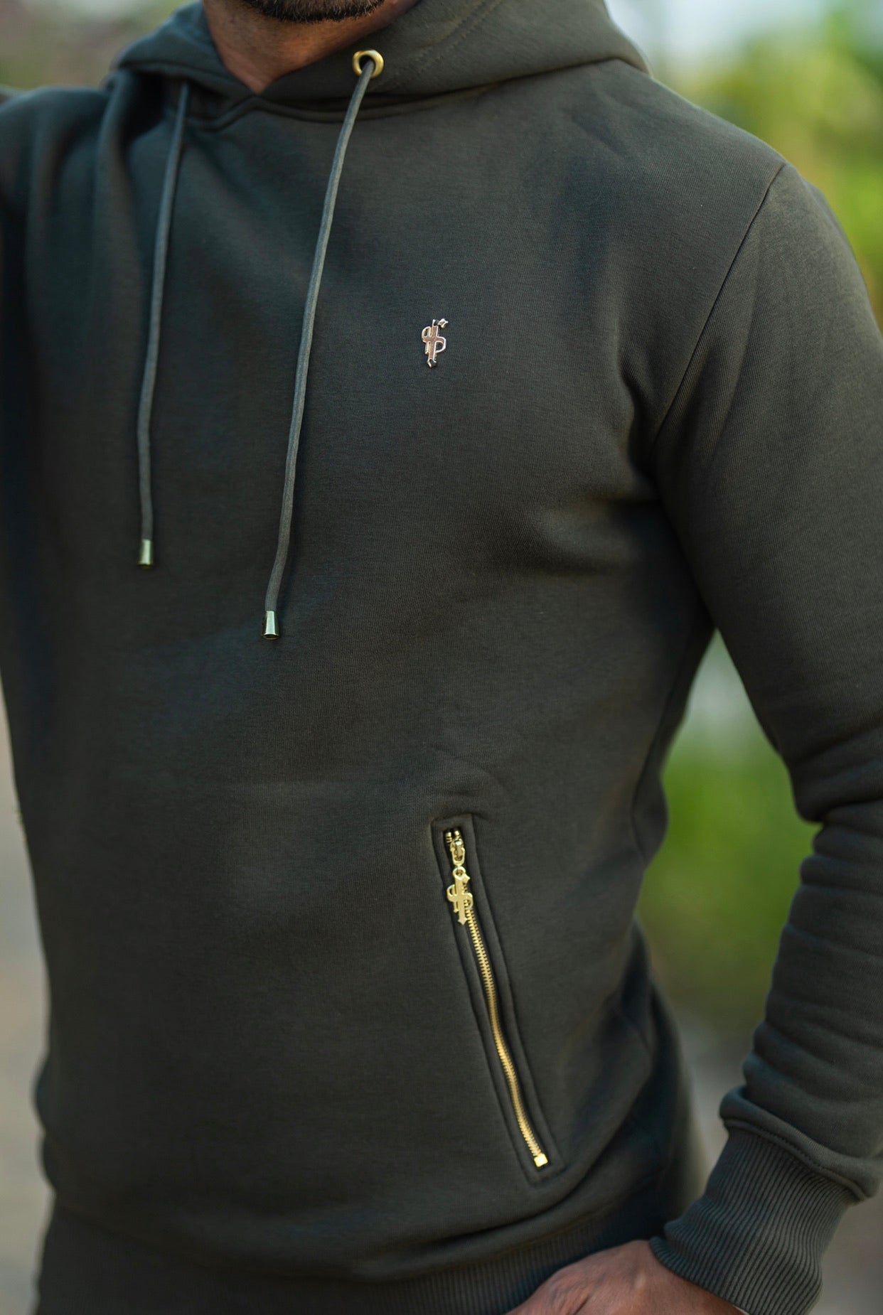 Khaki & Gold Overhead Hoodie Top with Zipped Pockets - FSH481