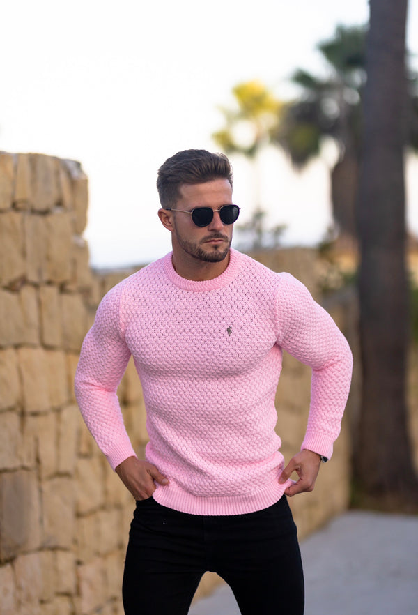 Father Sons Pink Knitted Weave Super Slim Sweater With Metal Decal - FSJ023