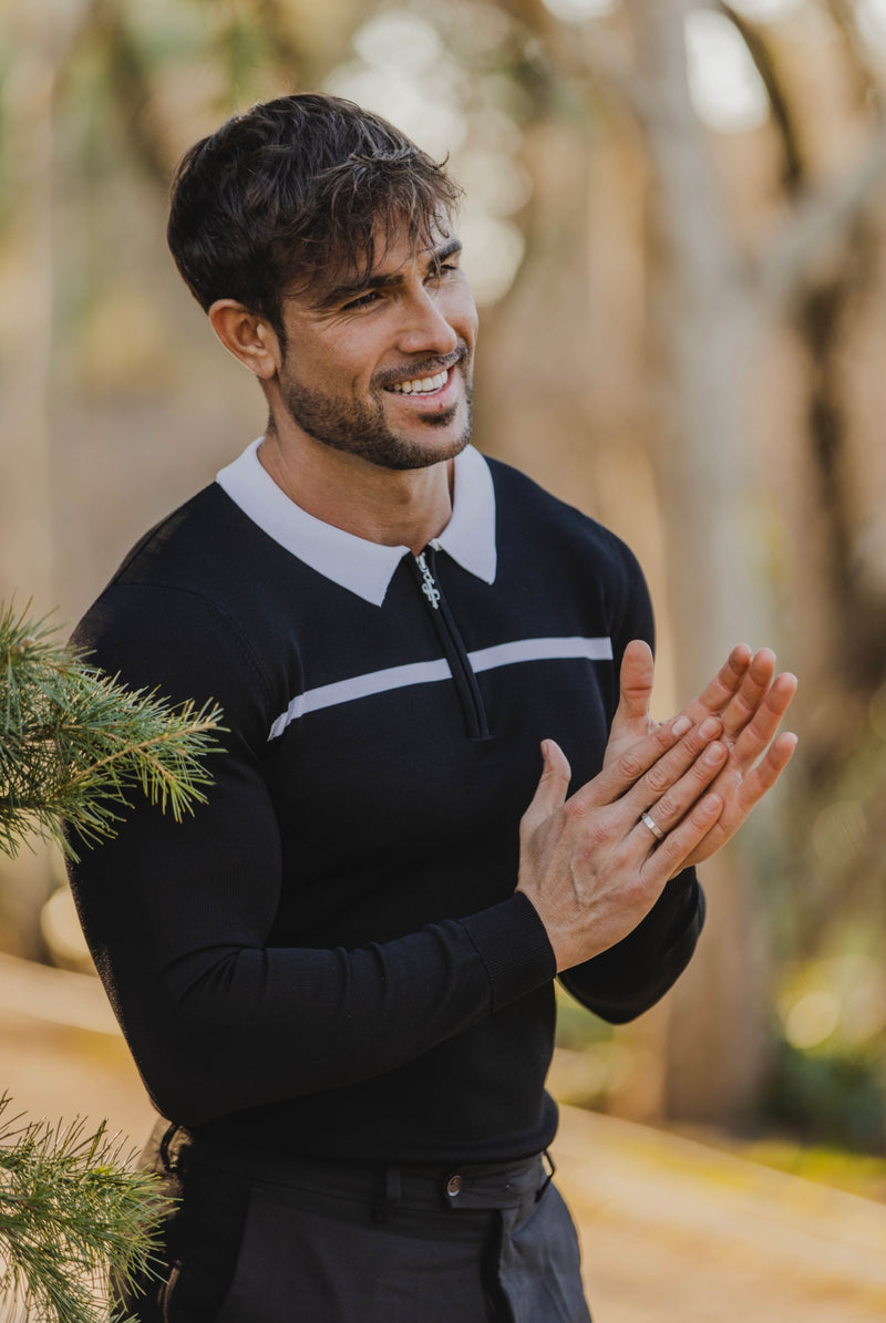 Father Sons Classic Black / White Horizontal Stripe Zipped Polo Long Sleeve - FSN047