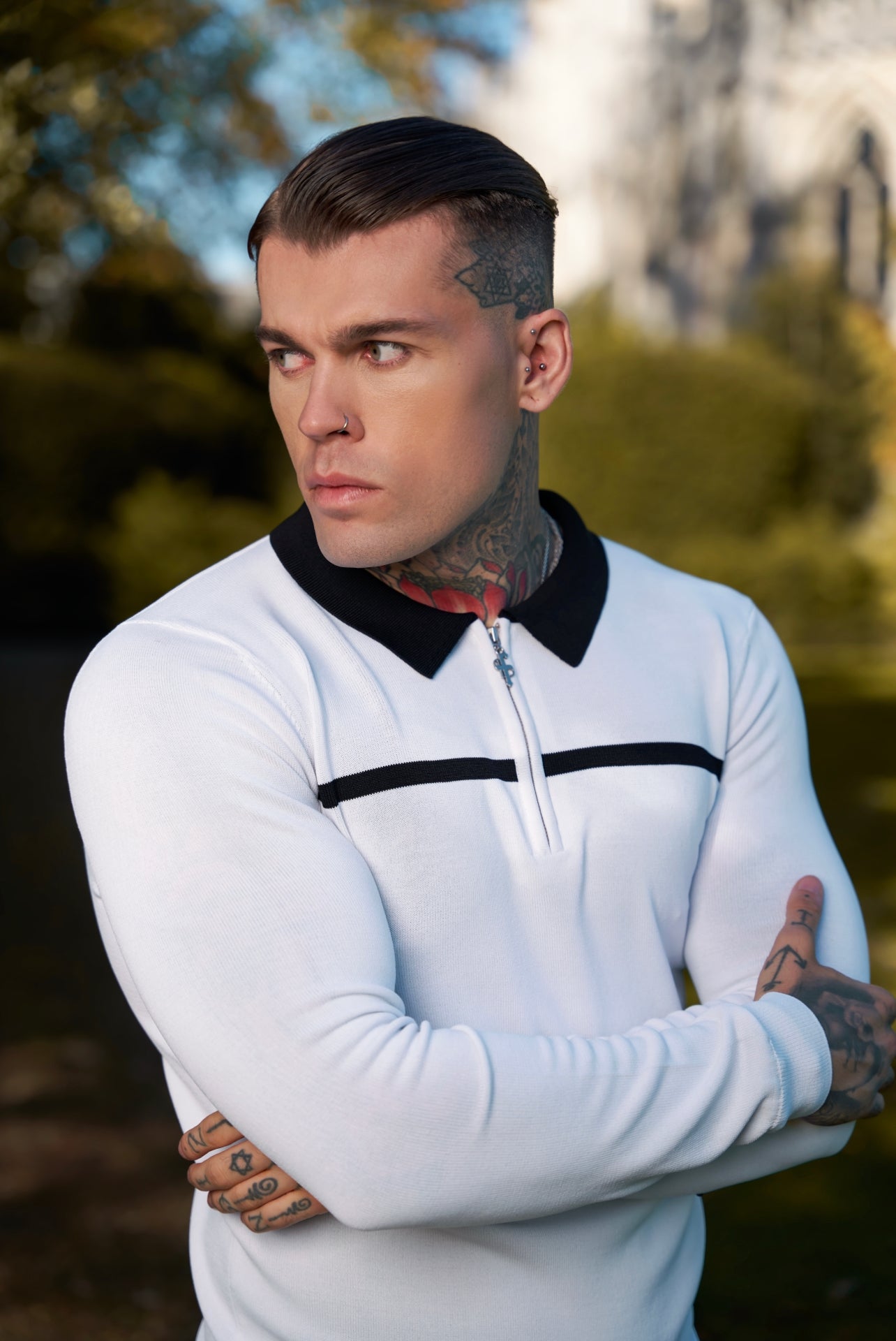 Classic White / Black Horizontal Stripe Zipped Polo Long Sleeve - FSN050