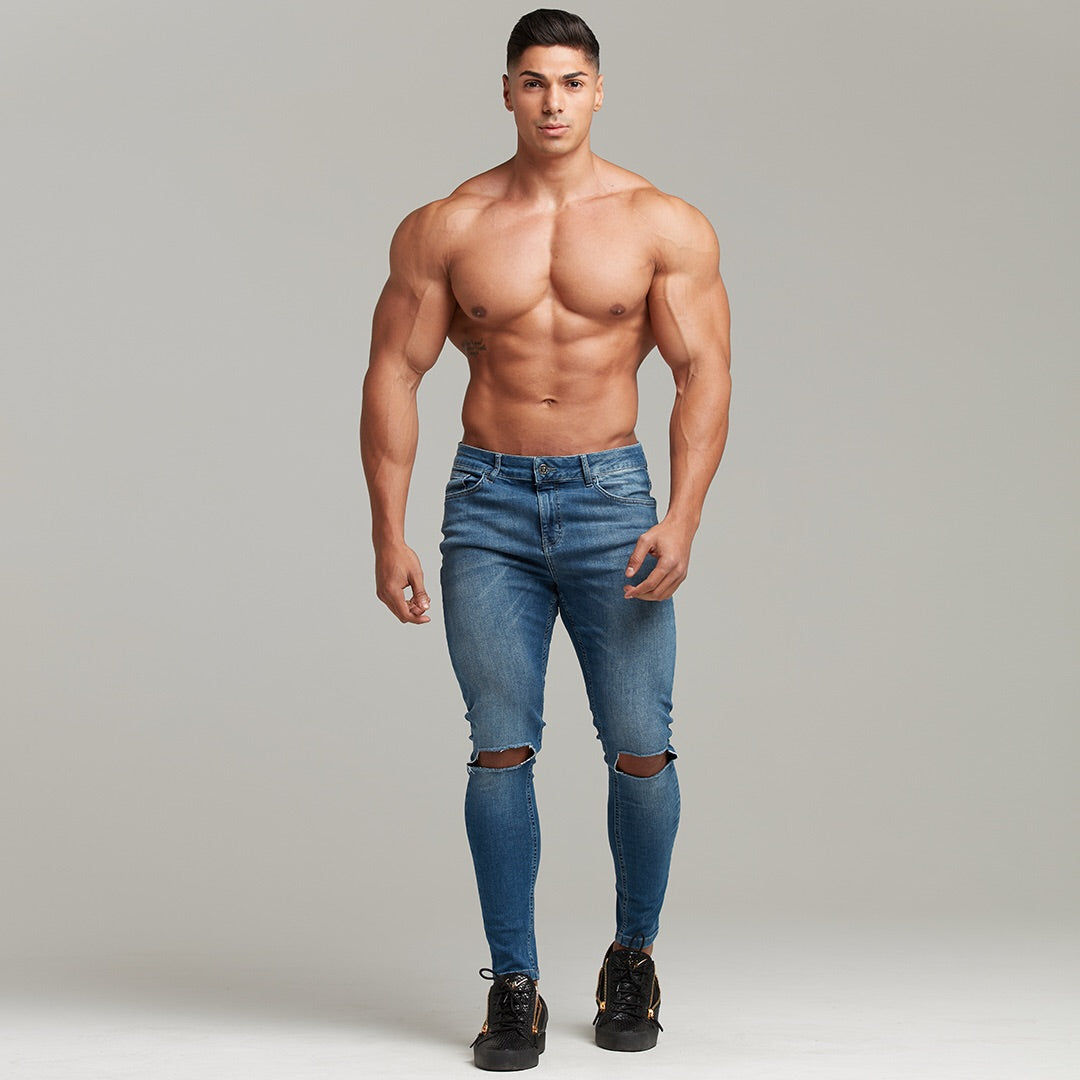 Slim Stretch Denim Blue Distressed Ripped Jeans - FSH403