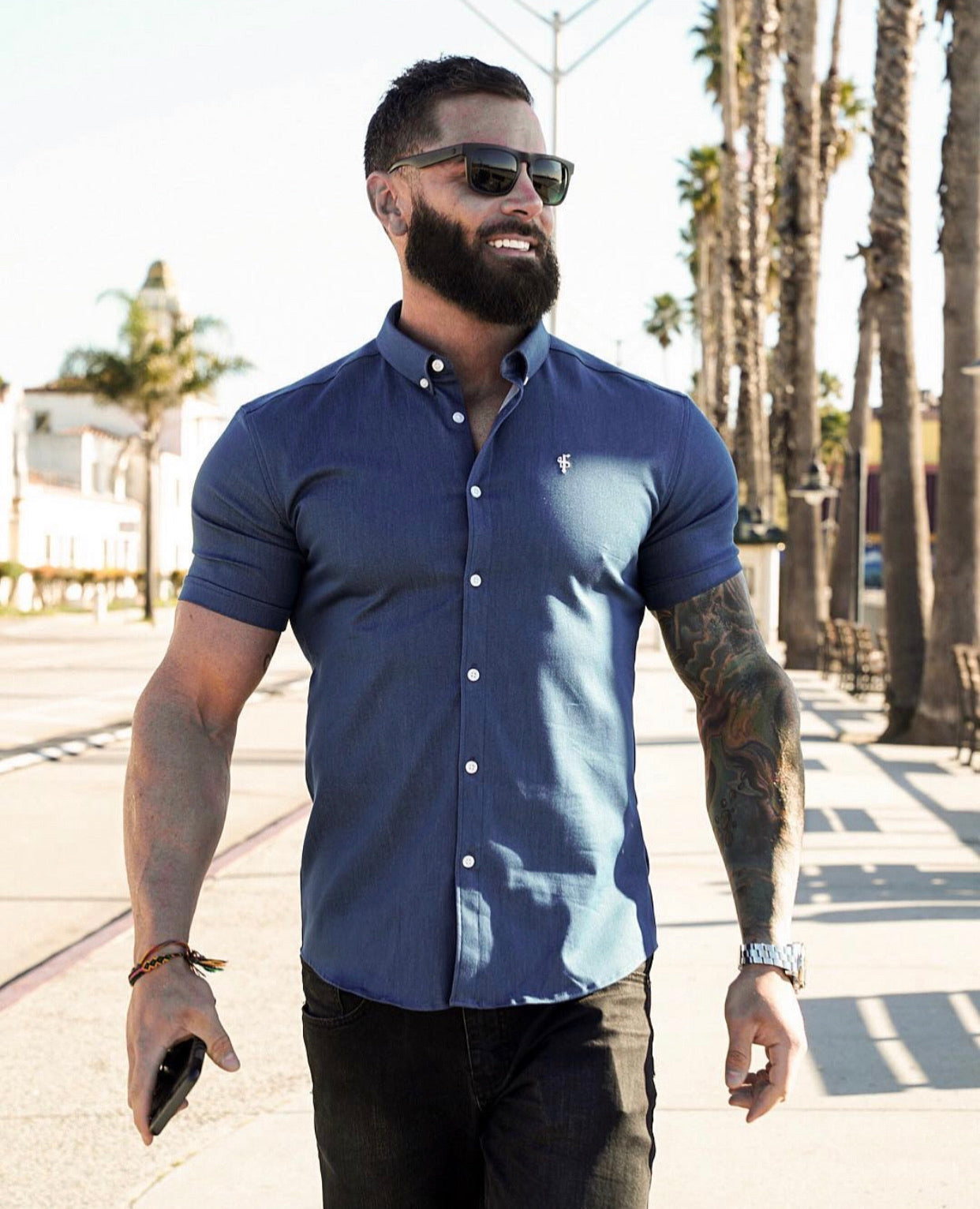 Super Slim Stretch Aegean Blue Denim Short Sleeve - FS346