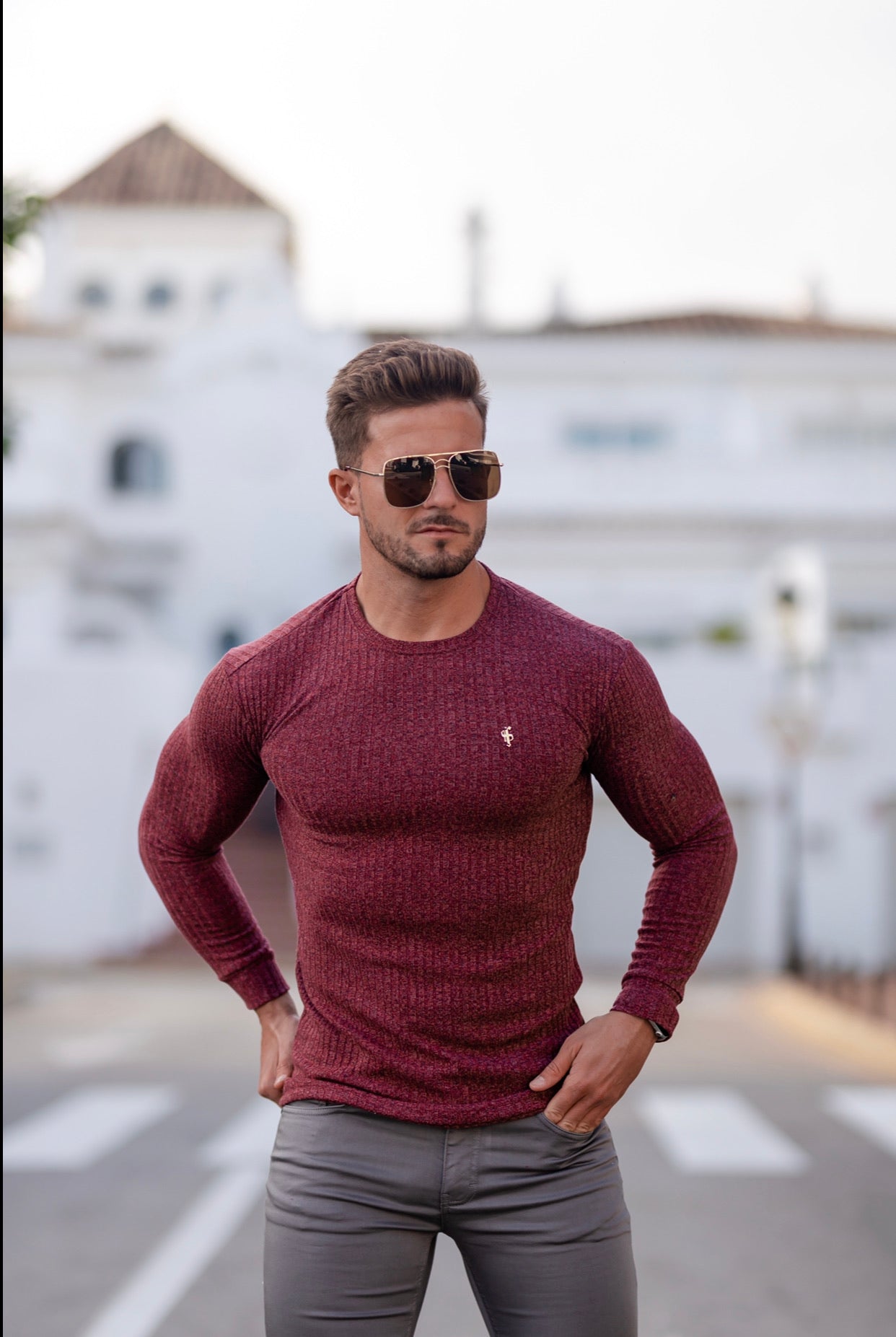 Father Sons Classic Claret Ribbed Knit Sweater With Gold Metal Emblem - FSH538