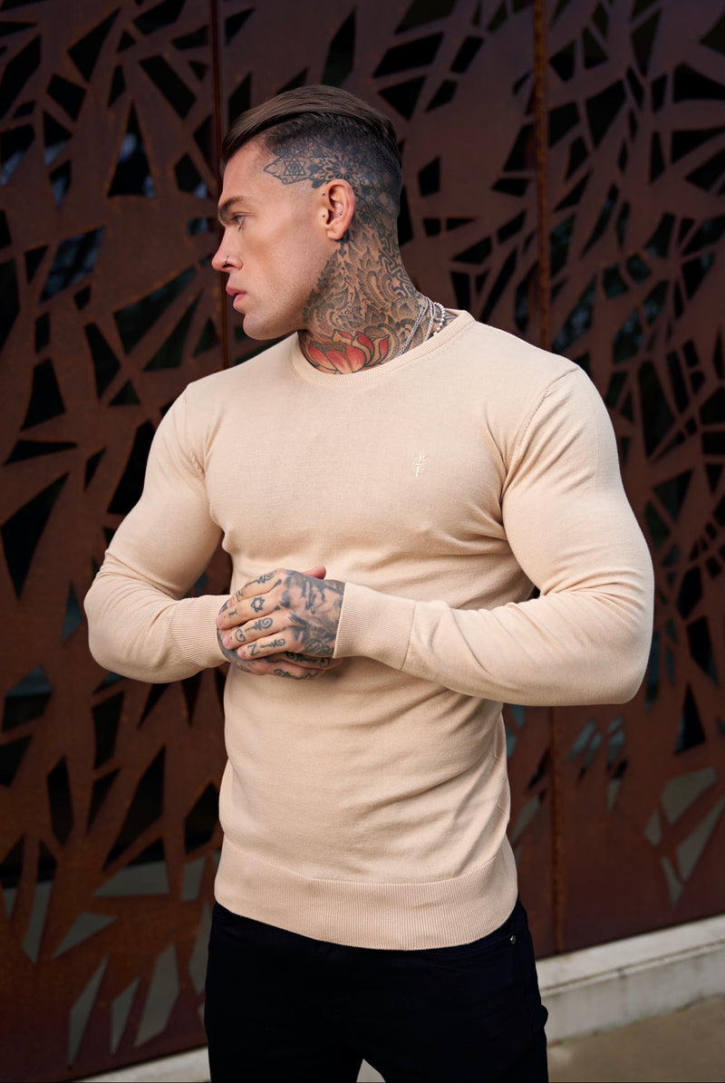 Father Sons Classic Beige Crew Neck Knitted Sweater with Tonal Emblem - FSH672