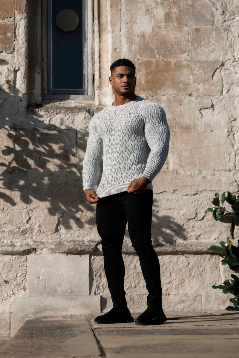 Father Sons Silver Grey Knitted Elongated Diamond Crew Super Slim Raglan Sweater With Metal Decal - FSN053
