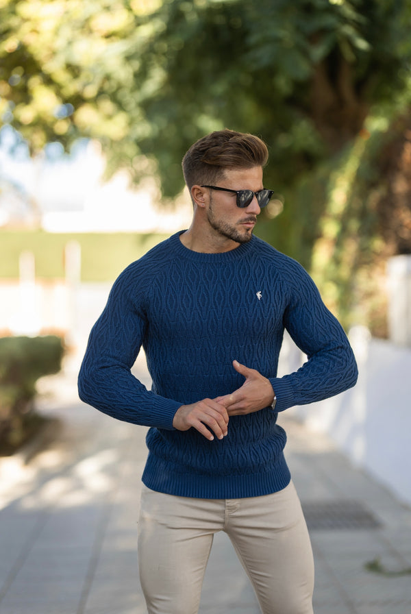 Father Sons Air Force Blue Knitted Elongated Diamond Crew Super Slim Raglan Sweater With Metal Decal - FSN046