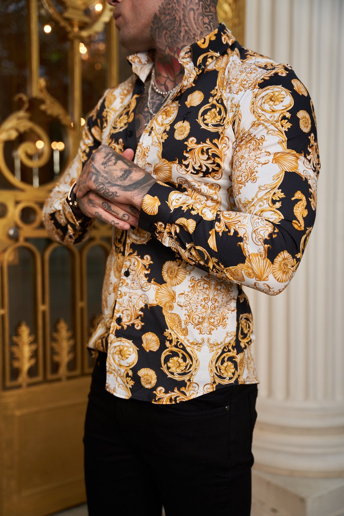 限定版 Black Stretch Slim Super Sons Father Gold Long Print Shell Clothing
